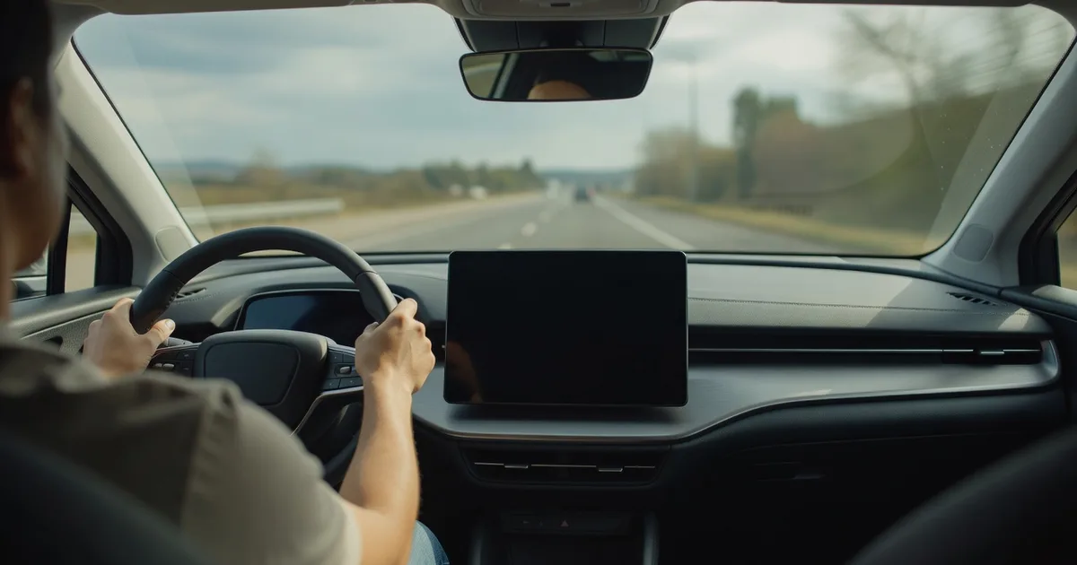 Interior view from the passenger seat of an electric car dashboard with a blank dark screen