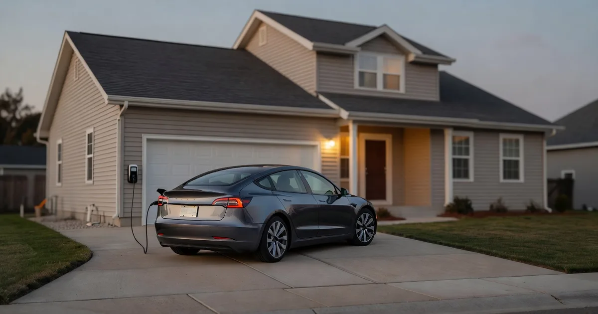 A suburban American house at dusk with an electric car charging in the driveway from a wall-mounted home charger