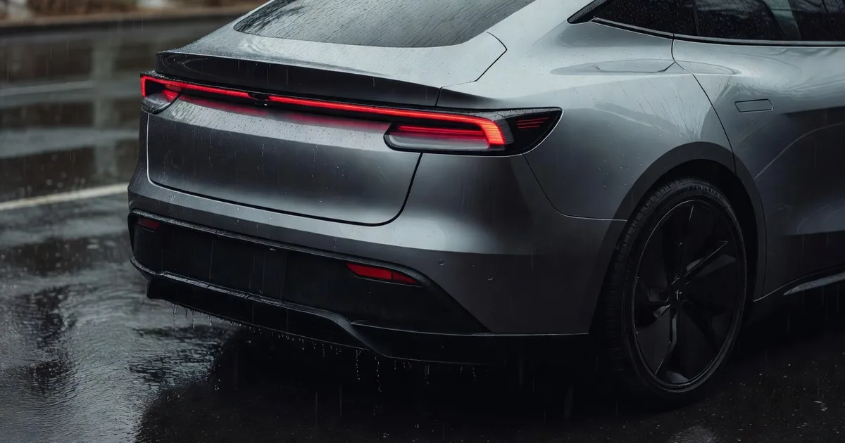 Rear three-quarter detail of an electric car tail light and bumper in rain