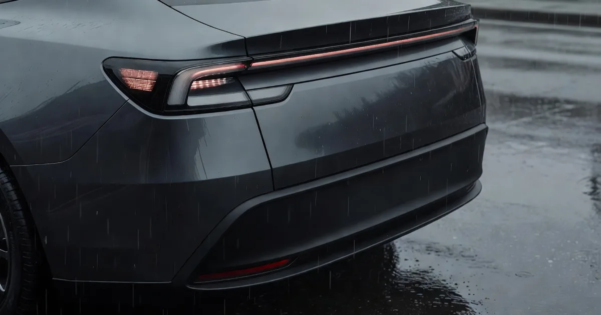 Rear three-quarter detail of an electric car tail light and bumper in rain
