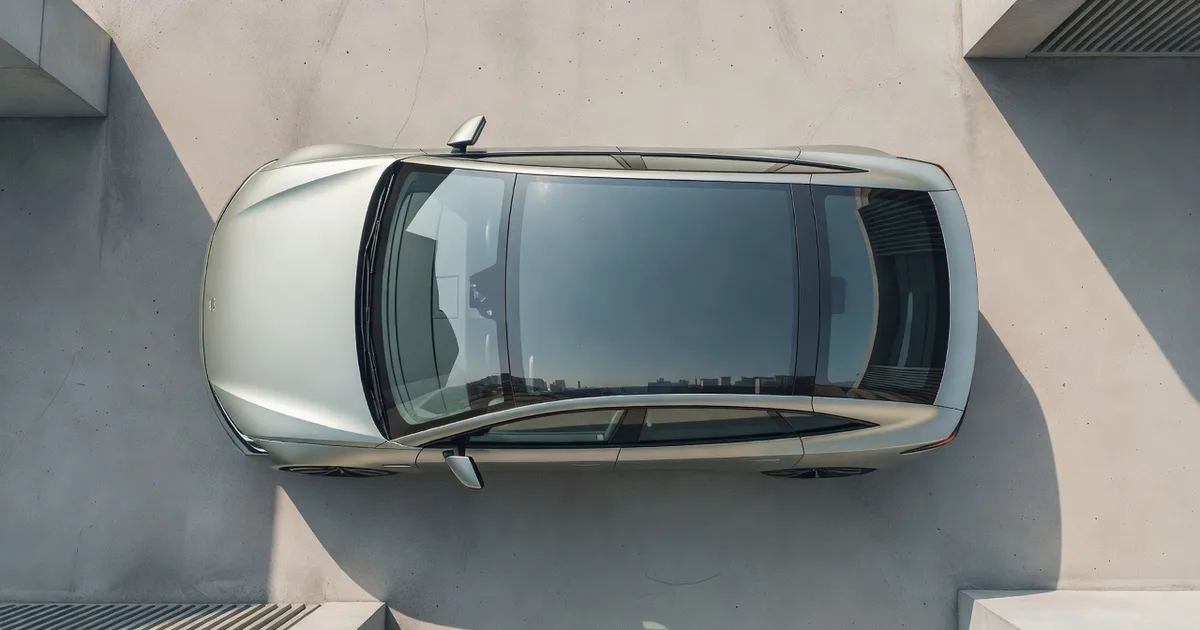Top-down view of an electric car roof and panoramic glass parked on light concrete