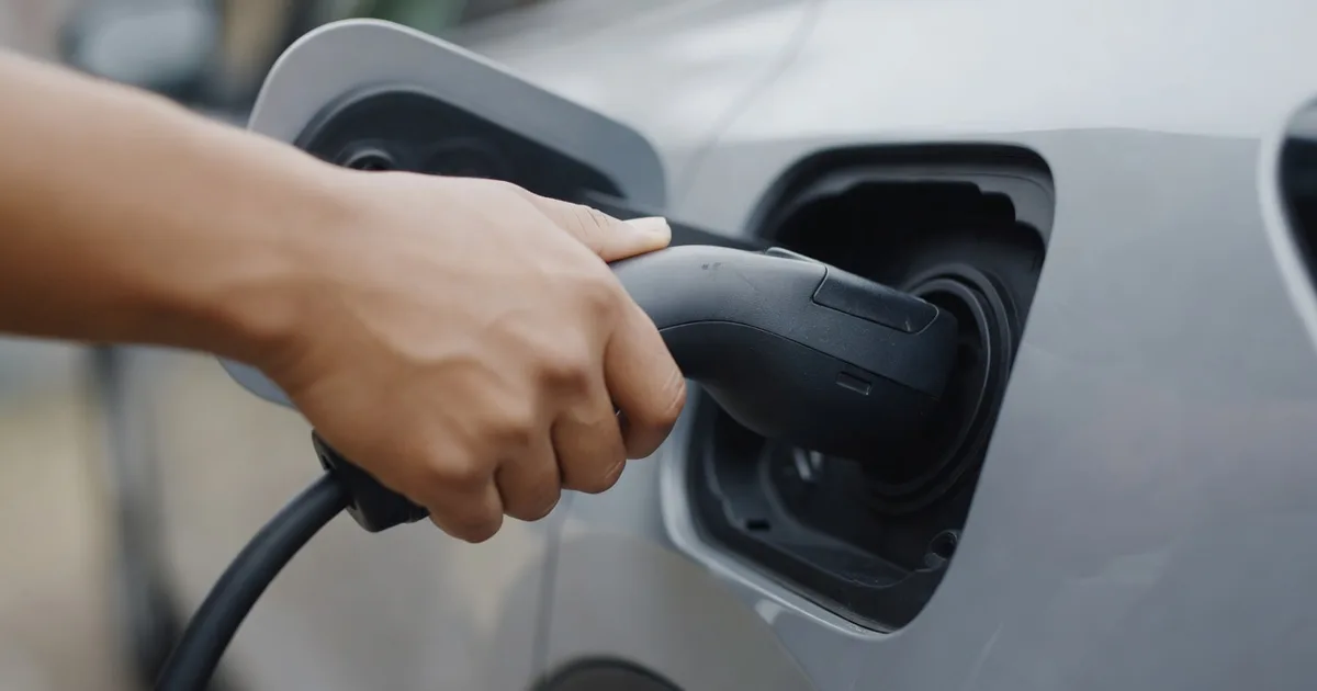 Close-up of a hand inserting a charging connector into an electric car charging port