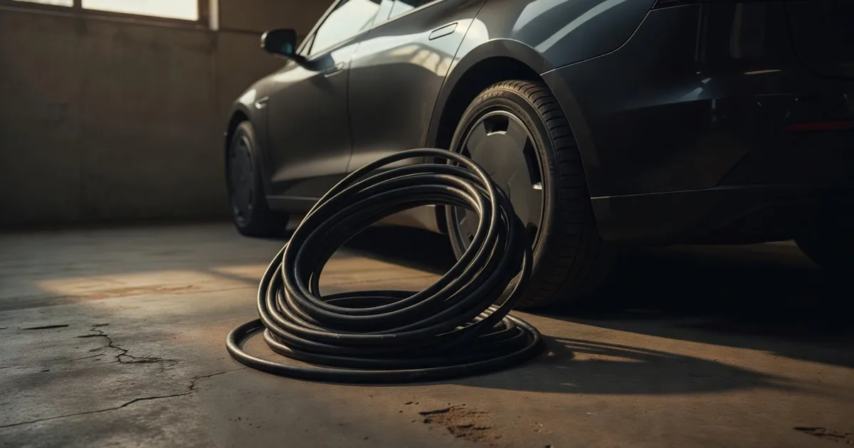 A coiled black charging cable resting on a garage floor next to the rear wheel of an electric car