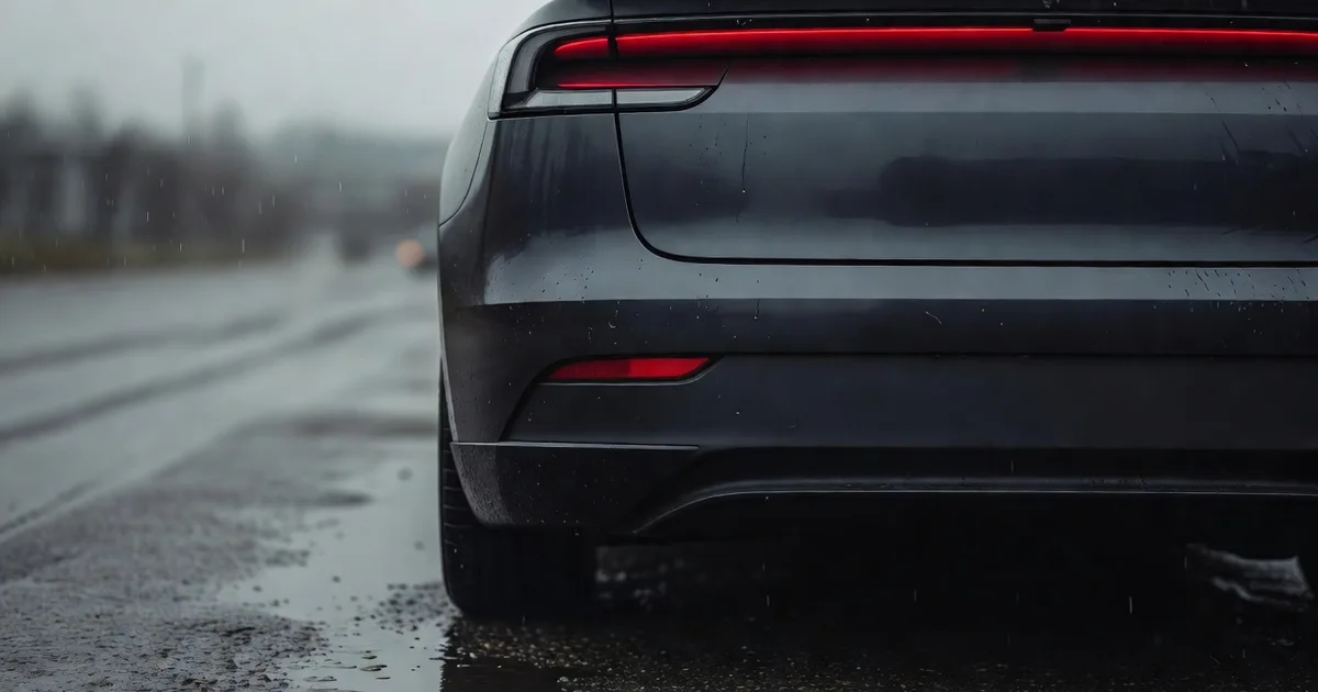 Rear three-quarter detail of an electric car tail light and bumper in rain
