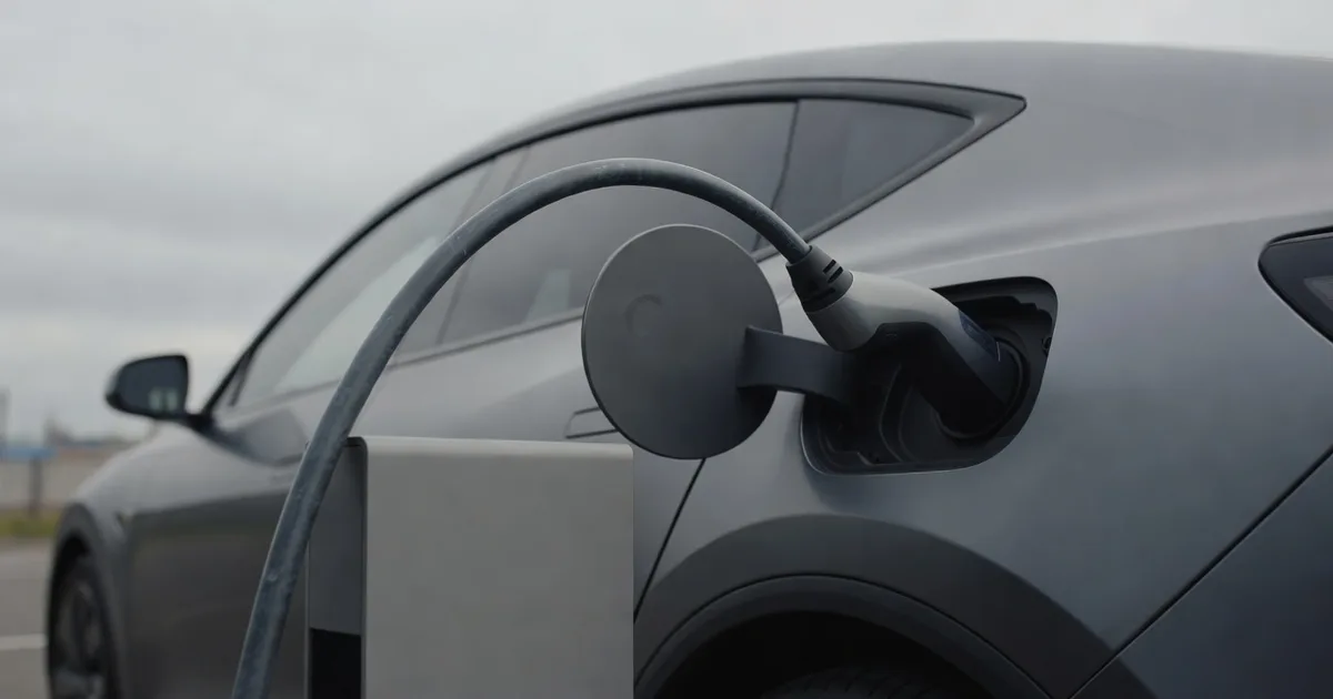 A charging cable arcing from an unbranded blank fast charger to the side of an electric car