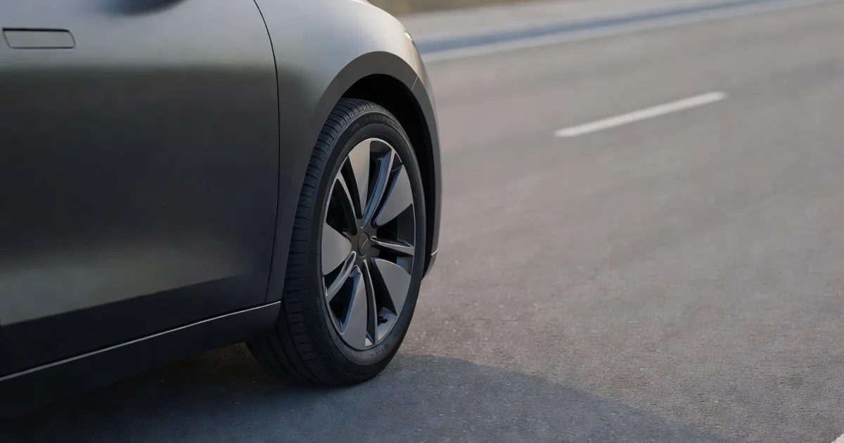 Low-angle close-up of the front wheel of an electric car