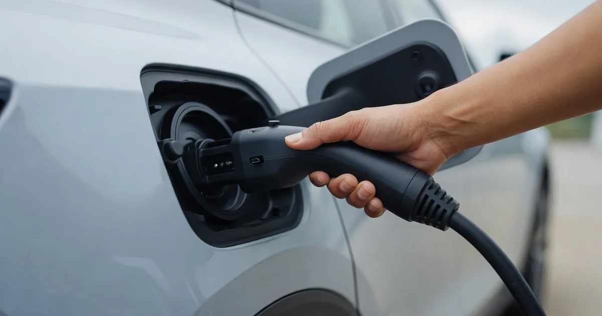 Close-up of a hand inserting a charging connector into an electric car charging port