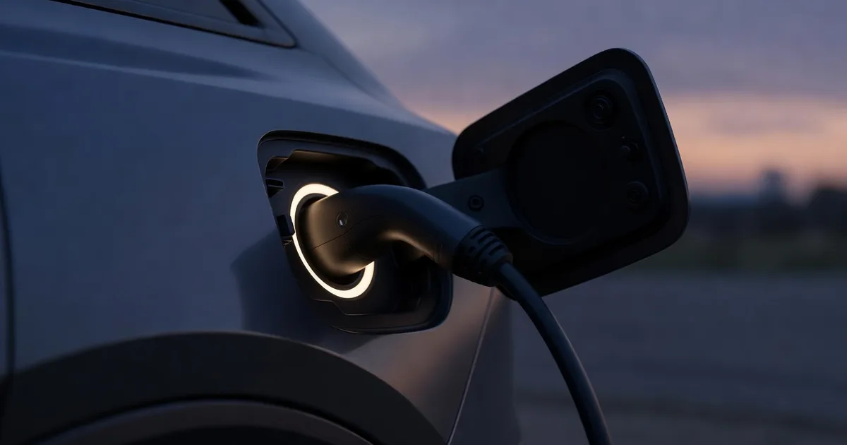 Close-up of an electric car charging port lid open with a soft glowing light ring